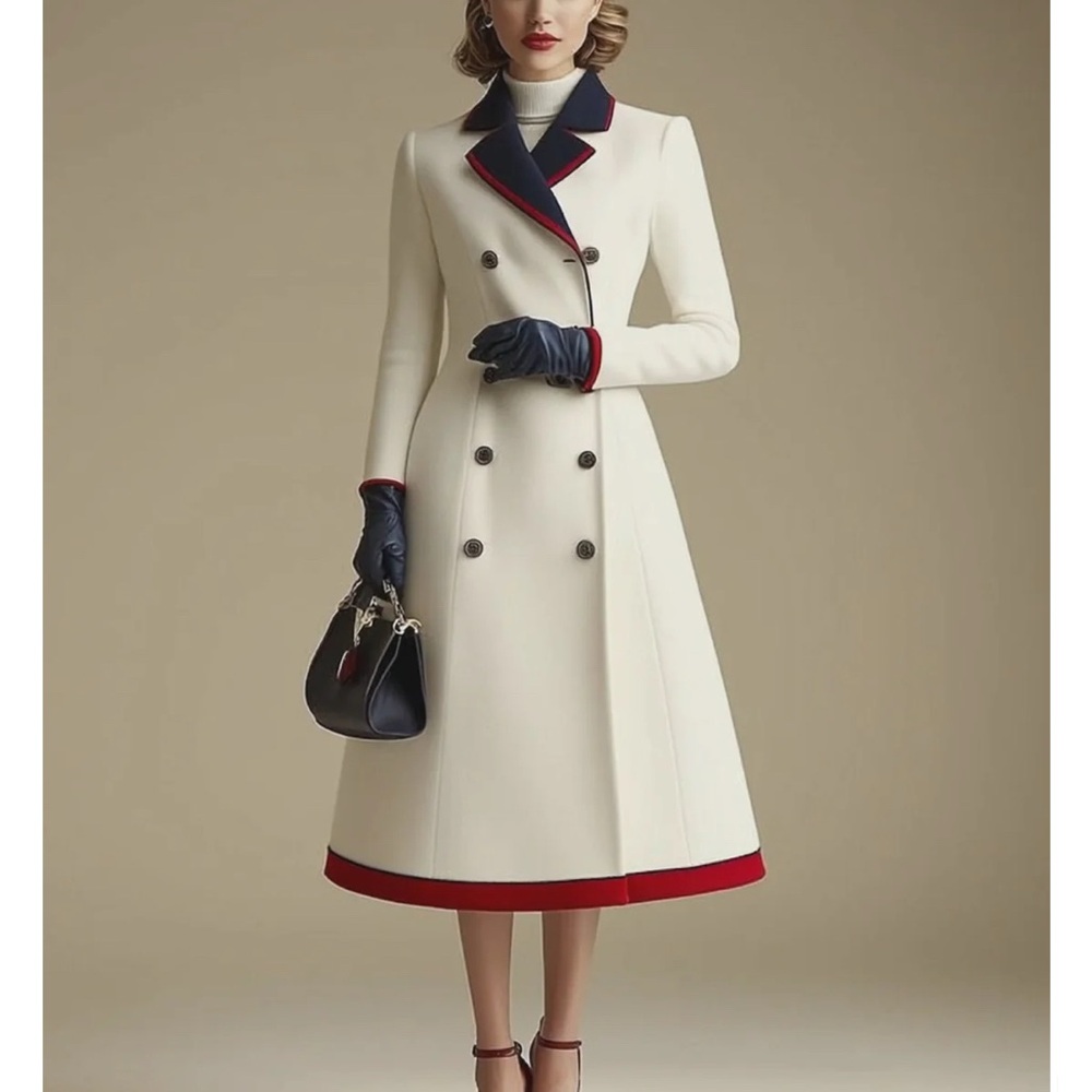 Elegant White Double-Breasted Coat with Red Trim